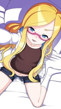 Rule 34 | 1girl, absurdres, arm support, bed sheet, blonde hair, blsh (blshwrks), blue eyes, blue panties, blue shorts, blush, bow, bow panties, brown shirt, collarbone, female focus, flat chest, from above, gelbooru, gelbooru-tan, glasses, groin, happy, highres, hood, hoodie, jacket, leaning back, long hair, looking at viewer, looking up, midriff, navel, nose blush, on bed, open clothes, open fly, open jacket, open mouth, panties, panty peek, pillow, pink-framed eyewear, selfie, semi-rimless eyewear, shirt, short shorts, shorts, sitting, smile, socks, solo, teeth, thighs, underwear, very long hair, wariza, white jacket, white socks