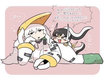 2girls arceus bags_under_eyes black_eyes black_hair blush_stickers bodysuit commentary deformed drooling fewer_digits gen_4_pokemon head_on_ass high_ponytail kasugai_(de-tteiu) legendary_pokemon lying makhia_(kasugai_(de-tteiu)) maria_(kasugai_(de-tteiu)) mask mask_on_head messy_hair multicolored_eyes multicolored_hair multiple_girls mythical_pokemon nintendo on_side personification pokemon ponytail regigigas sidelocks simple_background tail translated two-tone_hair white_bodysuit white_hair