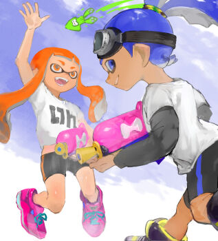 1boy 1girl 1other :d arm_up bike_shorts black_shorts blue_eyes blue_hair blue_sky blunt_bangs crop_top fangs from_behind full_body ga4me4 goggles goggles_on_head grin hair_tie highres holding holding_weapon inkling inkling_(swim_form) inkling_boy inkling_girl inkling_player_character layered_shirt long_hair looking_back midair midriff_peek nintendo open_mouth orange_eyes orange_hair pink_shoes pointy_ears ponytail print_shirt purple_footwear running shirt shoes short_sleeves shorts sky smile sneakers splatoon_(series) splatoon_1 splattershot_(splatoon) squid tentacle_hair twintails waving weapon white_shirt