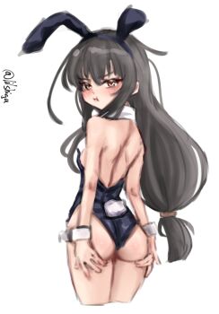 1girl absurdres animal_ear_hairband animal_ears ass bare_legs black_hair black_leotard bow bowtie brown_eyes detached_collar fake_animal_ears from_behind hairband hatsushimo_(kancolle) highres kantai_collection leotard lilshigu long_hair low-tied_long_hair one-hour_drawing_challenge one-piece_thong pantyhose playboy_bunny pout rabbit_ears rabbit_tail simple_background solo strapless strapless_leotard tail thong_leotard twitter_username white_background wrist_cuffs