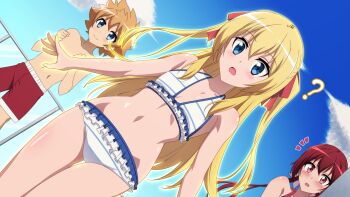 1boy 2girls aura bikini blonde_hair blue_eyes breasts brown_hair commission joukamachi_no_dandelion long_hair male_swimwear multiple_girls notice_lines pixiv_commission red_eyes red_hair red_male_swimwear sakurada_akane sakurada_hikari sakurada_teru siblings small_breasts striped_bikini striped_clothes swimsuit white_bikini yamiochi_umekichi