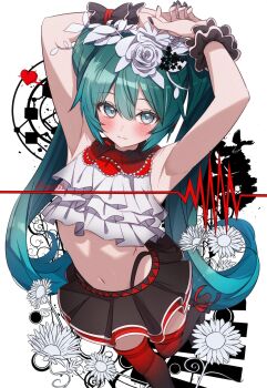 1girl absurdres adversarial_noise aqua_eyes aqua_hair armpits arms_up black_skirt blush closed_mouth commentary crop_top flower frilled_shirt frills hair_flower hair_ornament hasei_(hasei01) hatsune_miku hatsune_miku_(bless_you) heart highres long_hair looking_at_viewer midriff miniskirt navel nisoku_hokou_(vocaloid) pleated_skirt project_diva_(series) shirt skirt sleeveless sleeveless_shirt solo twintails very_long_hair vocaloid white_flower