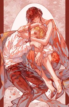 1boy 1girl arm_around_neck armlet black_hair black_pants black_shoes blonde_hair chaoxibumian collared_shirt couple dress earrings hair_between_eyes hair_bun hand_on_another&#039;s_head hetero high_heels highres jewelry lap_pillow long_hair pants parted_bangs parted_lips pumps red_dress shirt shoes short_hair sidelocks sitting spy_x_family twilight_(spy_x_family) updo white_shirt yor_briar