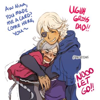 ahoge black_bridal_gauntlets blue_hood braid bridal_gauntlets capelet darkgreyclouds english_text eyepatch father_and_daughter fire_emblem fire_emblem_fates grey_hair hood hood_down hooded_capelet low_twin_braids low_twintails lowres niles_(fire_emblem) nina_(fire_emblem) nintendo parted_bangs red_hood twin_braids twintails white_hair