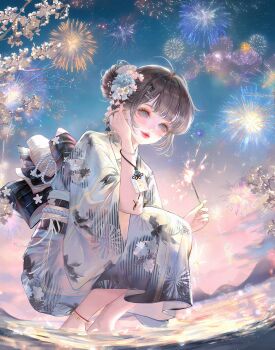 1girl animal_print anklet barefoot blue_eyes blush bracelet brown_hair closed_mouth fireworks flower hair_bun hair_flower hair_ornament hairclip highres holding japanese_clothes jewelry kimono large_variant_set lips looking_at_viewer makeup night obi original outdoors sash short_hair single_hair_bun sky smile solo sparkler squatting variant_set water white_kimono wide_sleeves xixizi yukata