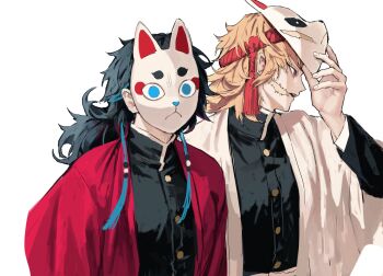 Rule 34 | 2boys, black hair, black jacket, buttons, demon slayer uniform, fox mask, gold buttons, haori, high collar, highres, holding, holding mask, jacket, japanese clothes, kimetsu no yaiba, long hair, low ponytail, male focus, mask, multiple boys, orange hair, parted lips, ponytail, profile, purple eyes, red haori, sabito (kimetsu), simple background, spiked hair, teeth, tomioka giyuu, upper body, upper teeth only, white background, white haori, zzzzz11zzzz