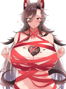 1girl absurdres animal_ear_fluff animal_ears areola_slip blush breasts brown_hair candy chocolate chocolate_heart chocolate_on_body chocolate_on_breasts closed_mouth commentary_request daichia fingernails food food_on_body hair_between_eyes heart heart-shaped_food highres huge_breasts imaizumi_kagerou long_bangs long_hair looking_at_viewer naked_ribbon navel parted_bangs red_eyes red_nails ribbon sharp_fingernails simple_background smile solo sweat tail tail_wagging touhou upper_body very_long_hair white_background wolf_ears wolf_girl wolf_tail