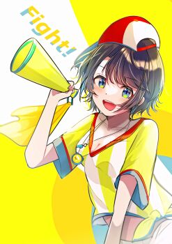 1girl :d baseball_cap black_hair blue_eyes breasts cleavage colorful_background commentary_request emutakanoe english_text hat highres holding holding_megaphone hololive large_breasts looking_at_viewer megaphone midriff oozora_subaru oozora_subaru_(1st_costume) open_mouth red_hat shirt short_hair short_sleeves shorts sideways_hat smile solo stopwatch stopwatch_around_neck striped_clothes striped_shirt swept_bangs t-shirt tied_shirt towel two-tone_hat two-tone_shirt upper_body vertical-striped_clothes vertical-striped_shirt virtual_youtuber watch whistle whistle_around_neck white_background white_hat white_shirt white_shorts yellow_background yellow_shirt