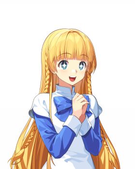 Rule 34 | + +, 1girl, :d, absurdres, artist request, blue bow, blue eyes, blue sleeves, blunt bangs, bow, braid, breasts, dress, dress bow, game cg, hair behind ear, hair intakes, high collar, highres, ispin charles, layered dress, layered sleeves, long dress, long hair, long sleeves, low-braided long hair, low-tied long hair, medium breasts, nexon, official art, open mouth, own hands together, raised eyebrows, second-party source, short over long sleeves, short sleeves, sidelocks, sleeve cuffs, smile, solo, sparkling eyes, straight hair, tales weaver, tales weaver: second run, teeth, tongue, twin braids, upper body, upper teeth only, very long hair, white sleeves