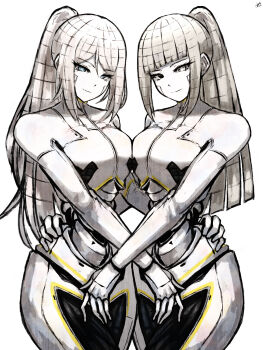 Rule 34 | 2girls, absurdres, akita (akitakipuromun), albina (project moon), black eyes, blue eyes, blunt ends, breast press, breasts, cable hair, colored skin, eyelashes, faust (project moon), grey eyes, hands on another's hips, heterochromia, high ponytail, highres, large breasts, limbus company, long hair, mechanical spine, multiple girls, ponytail, project moon, ring (identity) (project moon), robot girl, simple background, standing, symmetrical docking, very long hair, white background, white hair, white skin