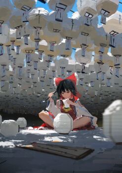 1girl absurdres ascot bow brown_eyes brown_hair calligraphy_brush detached_sleeves frilled_bow frilled_hair_tubes frills hair_bow hair_tubes hakurei_reimu highres holding holding_calligraphy_brush holding_paintbrush koukouya lantern nontraditional_miko ofuda open_mouth paintbrush paper_lantern red_bow red_skirt ribbon ribbon-trimmed_sleeves ribbon_trim shirt short_hair sitting skirt skirt_set solo touhou yellow_ascot yin_yang