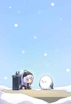 1girl absurdres ahoge backpack bag bird black_dress blue_sky blush boots capelet dress goddess_of_victory:_nikke hashtag-only_commentary head-mounted_display highres indian_style long_hair long_sleeves looking_at_animal looking_at_another outdoors sitting sky smile snow snow_white_(innocent_days)_(nikke) snow_white_(nikke) snowing uz_(uzru0428) white_hair yellow_eyes