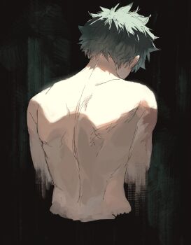 1boy back boku_no_hero_academia commentary_request cropped_arms cropped_legs cropped_torso dmdtmt99 facing_down freckles from_behind green_hair highres male_focus midoriya_izuku nape nude scar scar_on_arm short_hair solo