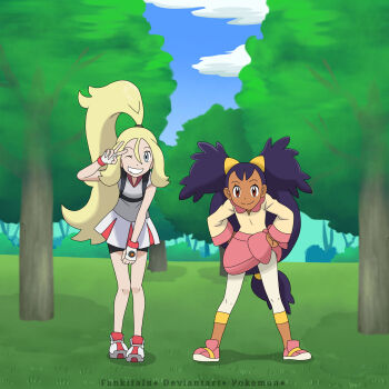 2girls age_difference bent_over big_hair bike_shorts bike_shorts_under_skirt blonde_hair breasts brown_eyes child clenched_hands curled_fingers dark-skinned_female dark_skin day eyelashes fankifalu female_focus fingerless_gloves flat_chest forest full_body gloves grass grey_eyes gym_leader hair_between_eyes hair_ornament hand_up hands_on_own_hips happy height_difference high_ponytail highres iris_(pokemon) knees knees_together_feet_apart korrina_(pokemon) leggings long_hair looking_at_viewer low-tied_long_hair mega_stone miniskirt multiple_girls nature nintendo no_headwear no_socks official_alternate_costume one_eye_closed outdoors parted_bangs parted_lips pigeon-toed pleated_skirt pokemon pokemon_(anime) pokemon_bw pokemon_xy ponytail purple_hair shirt shoes sidelocks single_bang skirt sky sleeveless sleeveless_shirt small_breasts smile smirk sneakers spread_legs standing topknot tree v v-neck v_over_eye very_long_hair white_gloves wide_sleeves wink