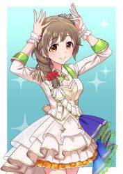 Rule 34 | 1girl, arms up, blue background, blush, bow, bracelet, braid, breasts, brown eyes, brown hair, cleavage, closed mouth, cowboy shot, cross tie, doriyamatsurugi, dot nose, dress, epaulettes, frilled dress, frills, gradient background, hair ornament, hair over shoulder, hair scrunchie, highres, idolmaster, idolmaster cinderella girls, idolmaster cinderella girls starlight stage, jewelry, layered dress, long hair, long sleeves, looking at viewer, medium breasts, pearl bracelet, red scrunchie, sash, scrunchie, senkawa chihiro, simple background, single braid, single epaulette, smile, solo, sparkle, standing, tiara, white bow, white dress, white sash, white scrunchie, wrist scrunchie