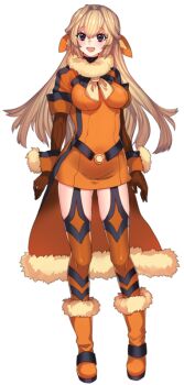 Rule 34 | 1girl, :d, arcanine, black eyes, blonde hair, boots, breasts, brown gloves, dress, full body, fur-trimmed boots, fur collar, fur trim, gen 1 pokemon, gloves, hair intakes, katagiri hachigou, long hair, medium breasts, nintendo, open mouth, orange boots, orange dress, orange thighhighs, personification, pokemon, short dress, simple background, smile, solo, thighhighs, white background