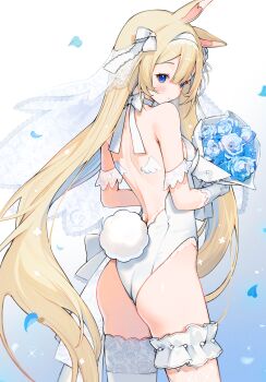 1girl animal_ears back_tattoo backless_leotard bare_back bare_shoulders beads blonde_hair blue_flower blue_rose bouquet bow bow_choker breasts choker closed_mouth cowboy_shot detached_sleeves flower from_behind gloves grey_gloves hair_bow hair_ribbon hairband heart highres holding holding_bouquet lace lace-trimmed_bow lace-trimmed_gloves lace-trimmed_leotard lace_sleeves lace_trim lace_veil leotard light_particles long_hair looking_at_viewer looking_back medium_breasts original playboy_bunny rabbit_ears rabbit_girl rabbit_tail ribbon rose short_sleeves shoulder_blades sideboob solo standing tail tattoo veil very_long_hair white_background white_bow white_choker white_hairband white_leotard white_ribbon white_sleeves white_veil wing_tattoo yenkoes