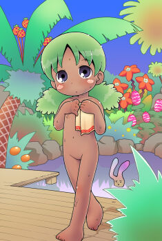 1girl artist_request barefoot bindi blush blush_stickers bush dark_skin feet flat_chest flower green_hair highres jungle_wa_itsumo_hare_nochi_guu loli long_hair navel nipples nude onsen outdoors plant pokute purple_eyes pussy raya_(jungle_wa_itsumo_hare_nochi_guu) sky toes towel tree uncensored walking water wet what
