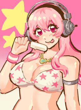 Rule 34 | 1girl, absurdres, armlet, bikini, blush, breasts, cleavage, food, headphones, highres, holding, holding food, holding popsicle, jewelry, large breasts, long hair, looking at viewer, milkcat75348240, navel, necklace, nitroplus, pink eyes, pink hair, popsicle, print bikini, simple background, smile, solo, star (symbol), star print, star print bikini, super sonico, swimsuit, tongue, tongue out