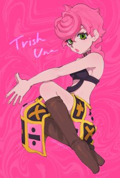 1girl bare_shoulders black_tube_top boots breasts brown_boots character_name choker commentary_request crop_top deformed full_body green_eyes highres jojo_no_kimyou_na_bouken knee_boots kuzumoti_(twitter) long_skirt looking_at_viewer medium_breasts multicolored_skirt own_hands_together pink_background pink_choker pink_hair pink_lips pink_theme short_hair skirt solo strapless trish_una tube_top twitter_username vento_aureo