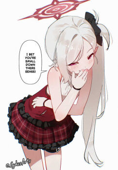 Rule 34 | 1girl, bare shoulders, black flower, black scrunchie, blue archive, commentary, covering own mouth, english commentary, english text, flower, grey hair, halo, humiliation, mesugaki, mutsuki (blue archive), plaid clothes, plaid skirt, pointy ears, purple eyes, red halo, revision, scrunchie, shirt, side ponytail, skirt, sleeveless, sleeveless shirt, small penis humiliation, smug, solo, sydus, white background, white shirt
