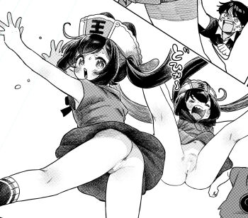 1boy 1girl ahoge armpits bar_censor bottomless bow bright_pupils censored cleft_of_venus clothes_lift dress dress_lift from_below greyscale halftone hat jigoku_kawaii_enma-chan loli long_hair looking_at_viewer mizuno_uchi monochrome navel no_panties open_mouth pussy short_dress short_sleeves simple_background twintails upskirt white_background