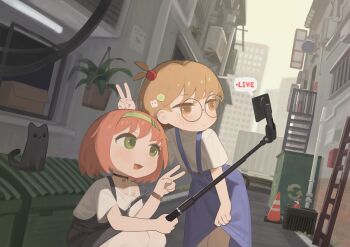 2girls absurdres alley bare_shoulders bkbbkbkk blush cat cellphone commentary dress dumpster english_commentary english_text glasses highres livestream looking_at_phone multiple_girls original outdoors phone round_eyewear selfie selfie_stick short_hair smartphone smile strap_slip sweater taking_picture v