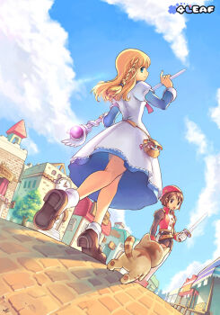 2girls 4leaf archived_source belt belted_shorts beret black_belt black_shorts black_sleeves blonde_hair blue_dress blue_eyes blue_sky blue_sleeves braid breasts brick_road brown_belt brown_cat brown_eyes brown_fur brown_hair brown_shoes building buttons cat closed_mouth collared_jacket commentary commentary_request company_name dated_commentary day door dress dress_shoes english_commentary food_stand from_below full_body gold_buttons hair_between_eyes hat high_collar holding holding_staff holding_sword holding_weapon ispin_charles jacket juliet_sleeves korean_commentary lace lace-trimmed_dress lace_trim layered_sleeves left-handed lens_flare long_hair long_sleeves looking_at_another looking_at_viewer loose_belt low-braided_long_hair low-tied_long_hair mary_janes medium_breasts medium_dress multiple_girls nexon official_art outdoors photoshop_(medium) pouch profile puffy_short_sleeves puffy_sleeves red_hat red_jacket round_door shoe_soles shoes short_hair short_over_long_sleeves short_sleeves shorts signature sky sleeve_cuffs sleeveless sleeveless_jacket smile softmax staff stairs striped_tail sword tail tales_weaver tichiel_juspian tiv town tree twin_braids walking weapon white_dress white_sleeves