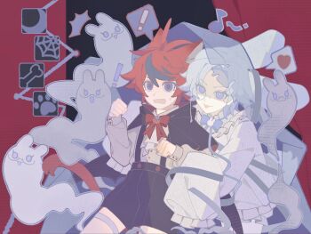 ! 2boys ahoge alternate_costume aotsuki_eito ascot black_cape black_hair black_shorts blue_bow blue_bowtie blue_eyes bow bowtie bright_pupils buttons cape chinese_commentary commentary_request fang frilled_sleeves frills ghost ghost_costume glasses grey_hair grey_shirt grey_veil hair_between_eyes halloween halloween_costume heart highres long_sleeves male_focus multicolored_hair multiple_boys open_mouth red_bow red_bowtie red_hair shirt short_hair shorts sleeves_past_fingers sleeves_past_wrists spoken_exclamation_mark spoken_heart streaked_hair sumino_takumi suspender_shorts suspenders sweat the_hundred_line_-last_defense_academy- tongue tongue_out two-tone_hair veil white_ascot white_pupils white_shirt zheidaxuewoshifeishangbukema