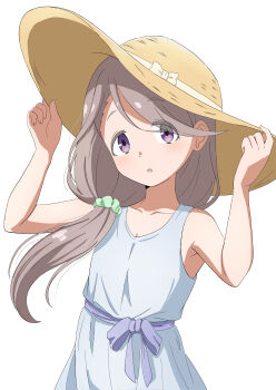 1girl absurdres armpits bare_shoulders breasts cleavage collarbone commentary dress green_scrunchie grey_dress grey_hair hair_ornament hair_scrunchie hands_on_headwear hat hat_ribbon highres long_hair looking_at_viewer low_side_ponytail mono_(afro) obashiso parted_lips purple_eyes purple_ribbon ribbon scrunchie shikishima_sakurako simple_background sleeveless sleeveless_dress small_breasts solo straw_hat tareme upper_body waist_ribbon white_background white_ribbon