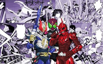 6+boys black_bodysuit bodysuit cowboy_shot decadriver fujisawa_naoyuki green_eyes group_picture helmet highres holding holding_sword holding_weapon kamen_rider kamen_rider_decade kamen_rider_den-o_(series) kamen_rider_new_den-o male_focus momotaros multiple_boys official_art oni pink_helmet red_bodysuit red_eyes sword weapon