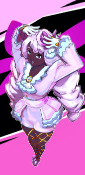 1girl arms_up ascot bow brooch dark-skinned_female dark_skin dress fascinator fishnet_pantyhose fishnets frilled_ascot frilled_dress frills full_body gem glove_bow gloves gold gold_ring hair_ornament heart_arms highres jacinthe_(pokemon) jewelry juliet_sleeves lipgloss long_hair long_sleeves looking_at_viewer low_drills micro_(antisocialmicro) nintendo open_mouth outline pantyhose pokemon pokemon_legends:_z-a puffy_sleeves purple_dress purple_eyes purple_hair purple_shoes shoes short_dress smile solo standing teeth very_dark_skin white_gloves white_outline yellow_bow