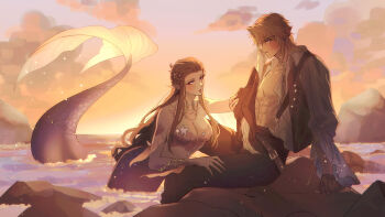 1boy 1girl abs alternate_universe bare_shoulders black_pants blush breasts cleavage collared_shirt commentary coral_hair_ornament earrings english_commentary fins fish_tail grey_jacket hair_between_eyes hair_ornament hand_on_another's_leg hat hat_feather highres holding holding_unworn_clothes holding_unworn_hat jacket jewelry kurokawa_karasu link long_hair medium_breasts mermaid midriff monster_girl necklace nintendo ocean open_clothes open_shirt pants parted_bangs pectorals pointy_ears princess_zelda shirt short_hair sidelocks sitting starfish tail the_legend_of_zelda the_legend_of_zelda:_twilight_princess unworn_hat unworn_headwear