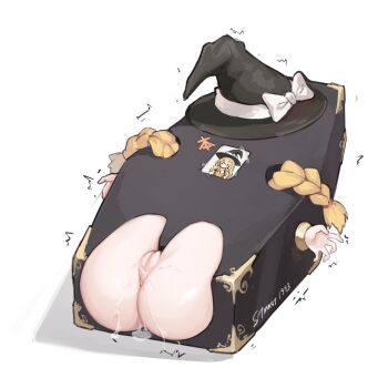 1girl ass benzi_mofashi black_hat blonde_hair bow box braid chinese_commentary cleft_of_venus coffin commentary_request hat hat_bow hat_ribbon in_box in_container kirisame_marisa motion_lines photo_(object) pussy pussy_juice pussy_juice_trail ribbon solo stmast touhou twin_braids twitter_username uncensored white_bow white_ribbon witch_hat