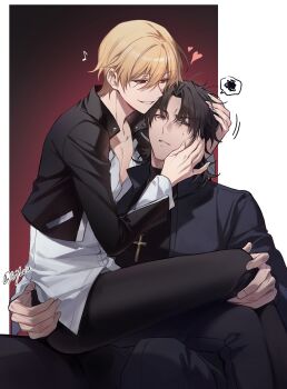 2boys blonde_hair brown_eyes brown_hair cross cross_necklace fate/zero fate_(series) gilgamesh_(fate) heart highres jacket jewelry kotomine_kirei male_focus multiple_boys necklace pants priest red_eyes rijjin shirt sitting sitting_on_lap sitting_on_person spoken_squiggle squiggle sweatdrop yaoi