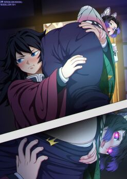 1boy 1girl :o :p artist_name ass black_hair black_jacket blue_eyes blush butterfly_hair_ornament from_behind hair_ornament heart heart-shaped_pupils holding indoors jacket kimetsu_no_yaiba kochou_shinobu long_hair long_sleeves multicolored_hair neocoill purple_eyes purple_hair symbol-shaped_pupils tomioka_giyuu tongue tongue_out two-tone_hair watermark web_address
