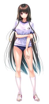 1girl amakano_2 arm_under_breasts blue_buruma blush breasts brown_hair buruma closed_mouth full_body gym_shirt hand_on_own_arm kneehighs kurohime_yuuhi large_breasts large_variant_set long_hair looking_at_viewer official_art piromizu red_eyes shirt shoes short_sleeves simple_background smile socks solo standing tachi-e thighs variant_set very_long_hair white_background white_shirt white_shoes white_socks