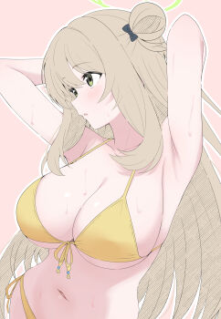 1girl absurdres armpits arms_behind_head arms_up bikini black_bow blue_archive bow breasts brown_hair cleavage collarbone commentary_request front-tie_bikini_top front-tie_top green_eyes green_halo hair_bow hair_bun halo highres large_breasts long_hair looking_to_the_side mistel_(sukebemistel) navel nonomi_(blue_archive) nonomi_(swimsuit)_(blue_archive) official_alternate_costume open_mouth outline pink_background revision side-tie_bikini_bottom simple_background single_side_bun solo sweat swimsuit upper_body white_outline