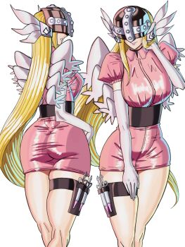 Rule 34 | 1girl, absurdres, angewomon, ass, blonde hair, breasts, covered eyes, digimon, digimon (creature), digimon adventure, elbow gloves, gloves, head wings, helmet, helmet over eyes, highres, large breasts, laser book, puffy sleeves, simple background, skindentation, solo, syringe, thigh strap, thighs, white background, wings