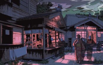 Rule 34 | 1girl, 2girls, 2others, 4boys, ambiguous gender, awning, bag, bandana, bottle, brown hair, building, closed mouth, clothesline, cloud, commentary, covered face, fish, food, fox, fox mask, ghost, hand up, hands on own knees, hatching (texture), highres, holding, holding bag, holding bottle, inari, japanese clothes, kimono, kinchaku, laundry, looking to the side, mask, multiple boys, multiple girls, multiple others, night, obi, original, outdoors, pants, pouch, power lines, print kimono, profile, purple bag, red kimono, road, rock, sandals, sash, shadow, shelf, shirt, short hair, sitting, stairs, standing, statue, thatched roof, towel, towel around neck, tree, white mask, wide shot, wide sleeves, window, xpomorin, yellow sash, yukata, zouri