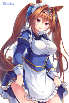 Rule 34 | 1girl, absurdres, adapted costume, animal ears, apron, blue jacket, blue skirt, blush, bow, breasts, brown hair, center frills, commentary request, daiwa scarlet (peak blue) (umamusume), daiwa scarlet (umamusume), fang, frills, hair intakes, highres, horse ears, horse girl, horse tail, jacket, juliet sleeves, kanzakietc, large breasts, long hair, long sleeves, looking at viewer, maid, maid apron, maid headdress, open mouth, puffy sleeves, red eyes, shirt, simple background, skirt, smile, solo, tail, tiara, twintails, umamusume, very long hair, white apron, white background, white headdress, white shirt