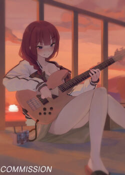 Rule 34 | 1girl, absurdres, alcohol carton, amplifier, bachi, bass guitar, black nails, blunt bangs, blush, bocchi the rock!, braid, breasts, cleavage, collarbone, commentary, commission, deko morii, dress, drink carton, electric guitar, english commentary, english text, geta, green dress, guitar, hair over shoulder, highres, hiroi kikuri, holding, holding instrument, instrument, jacket, jacket over dress, long hair, medium breasts, multicolored jacket, music, off-shoulder jacket, off shoulder, outdoors, playing instrument, plectrum, purple eyes, purple hair, school uniform, short hair, single braid, single off shoulder, sitting, skirt, smile, solo, sunset, thighs, two-tone jacket, yamaha trb