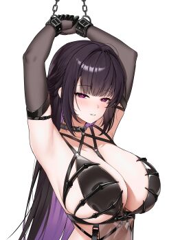 1girl absurdres armpits arms_up bdsm black_gloves black_hair bondage bound breasts chain colored_inner_hair elbow_gloves gloves goddess_of_victory:_nikke highres kai_si_(hscn5578) large_breasts mihara_(bonding_chain)_(nikke) mihara_(nikke) multicolored_hair official_alternate_costume purple_hair red_eyes restrained see-through_clothes simple_background solo two-tone_hair upper_body white_background