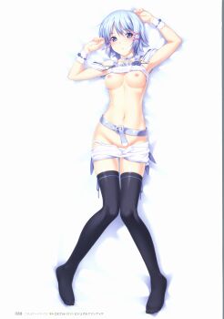 10s 1girl absurdres belt black_thighhighs blue_eyes blue_hair breasts breasts_out choker clothes_lift clothes_pull dakimakura_(medium) female_focus from_above full_body groin hair_ornament highres himuro_rikka koutaro leg_ribbon looking_at_viewer lying matching_hair/eyes navel nipples no_shoes on_back panties panty_pull ribbon ribbon-trimmed_sleeves ribbon_choker ribbon_trim scan shirt_lift short_hair shorts shorts_pull solo thigh_ribbon thighhighs tropical_kiss underwear white_panties white_shorts wrist_cuffs