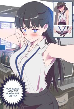 1girl andrian_januar_adilia arm_up armpits black_hair black_skirt blue_eyes blunt_bangs blush breasts computer_keyboard english_text half_updo highres lanyard long_hair looking_at_viewer monitor original ribbon shirt skirt sleeveless sleeveless_shirt small_breasts solo sweatdrop white_shirt