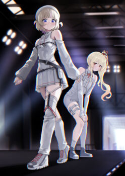 2girls asymmetrical_legwear beret blonde_hair blue_eyes breasts closed_mouth dalcom full_body hat high_side_ponytail highres hololive hololive_dev_is long_hair looking_at_viewer miniskirt multiple_girls otonose_kanade otonose_kanade_(regloss_uniform) red_eyes shoes short_hair skirt small_breasts smile stage thigh_strap thighhighs todoroki_hajime todoroki_hajime_(regloss_uniform) two_side_up very_long_hair virtual_youtuber white_hat white_thighhighs