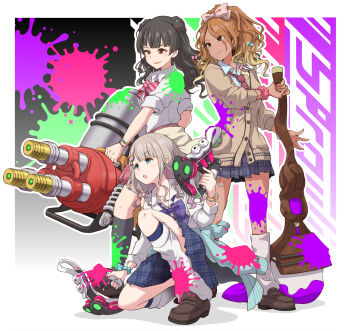 3girls black_eyes black_hair black_socks blue_bow blue_bowtie blue_cardigan blue_eyes blue_skirt bow bowtie bracelet brown_cardigan brown_eyes brown_hair brown_shoes cardigan cardigan_around_waist closed_mouth clothes_around_waist collared_shirt commentary crossover dark-skinned_female dark_skin diagonal-striped_bow diagonal-striped_bowtie diagonal-striped_clothes dual_wielding earrings gatling_gun grey_hair gun gyaru hair_bow hair_ornament highres holding holding_gun holding_paintbrush holding_weapon hydra_splatling_(splatoon) idolmaster idolmaster_shiny_colors izumi_mei jewelry kneehighs loafers long_hair loose_socks mayuzumi_fuyuko medium_hair multiple_girls necktie nintendo octobrush_(splatoon) on_one_knee open_mouth paint_on_body paint_on_clothes paint_splatter paintbrush pearl_bracelet pink_bow pink_bowtie pink_scrunchie pink_skirt plaid_bow plaid_bowtie plaid_clothes plaid_skirt pleated_skirt polka_dot polka_dot_scrunchie red_necktie satomura_kyou school_uniform scrunchie serizawa_asahi shirt shoes skirt smile socks splatoon_(series) splatoon_3 standing straylight_(idolmaster) striped_bow striped_bowtie striped_clothes tetra_dualies_(splatoon) two_side_up wavy_hair weapon white_cardigan white_shirt white_socks