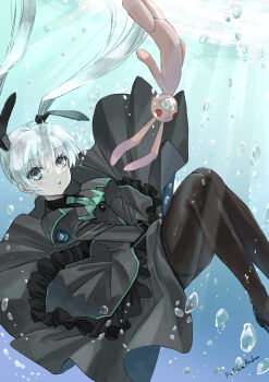 1girl air_bubble animal_ears blue_eyes blue_necktie blush brown_pantyhose bubble clothes_lift dress fake_animal_ears frilled_skirt frills grey_dress grey_hair grey_jacket highres jacket juliet_sleeves jun_(rellik_&amp;_redrum) long_hair long_sleeves looking_at_viewer making-of_available muv-luv muv-luv_alternative necktie pantyhose puffy_sleeves rabbit_ears skirt skirt_lift solo stuffed_animal stuffed_rabbit stuffed_toy thighband_pantyhose twintails un_uniform_(muv-luv) underwater united_nations very_long_hair yashiro_kasumi