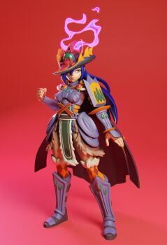 1girl 3d absurdres argyle_clothes argyle_legwear armor armored_boots blue_hair boots breasts cape cody_bunt commentary commission completionist_cape_(runescape) cuirass dang_(runescape) duellist's_cap_(tier_6) english_commentary fingerless_gloves fire full_body fur-trimmed_legwear fur_trim gloves glowing_hat hat highres long_hair medium_breasts original pink_fire plate_armor red_background runescape simple_background smile solo standing thick_eyebrows yellow_eyes