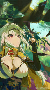 1girl absurdres ahoge bird black_feathers black_unitard branch breasts closed_mouth commentary_request crow elbow_gloves falling_feathers feathers fingerless_gloves gloves hair_ornament hairpin high-waist_shorts highres index_finger_raised jacket large_breasts leaf long_hair looking_at_animal looking_up mole mole_on_chest orange_eyes outdoors shorts single_elbow_glove single_hair_intake solo_focus tree tu_pao_diao_yu_shao upper_body white_hair yellow_jacket yin_yang_pin yixuan_(zenless_zone_zero) zenless_zone_zero